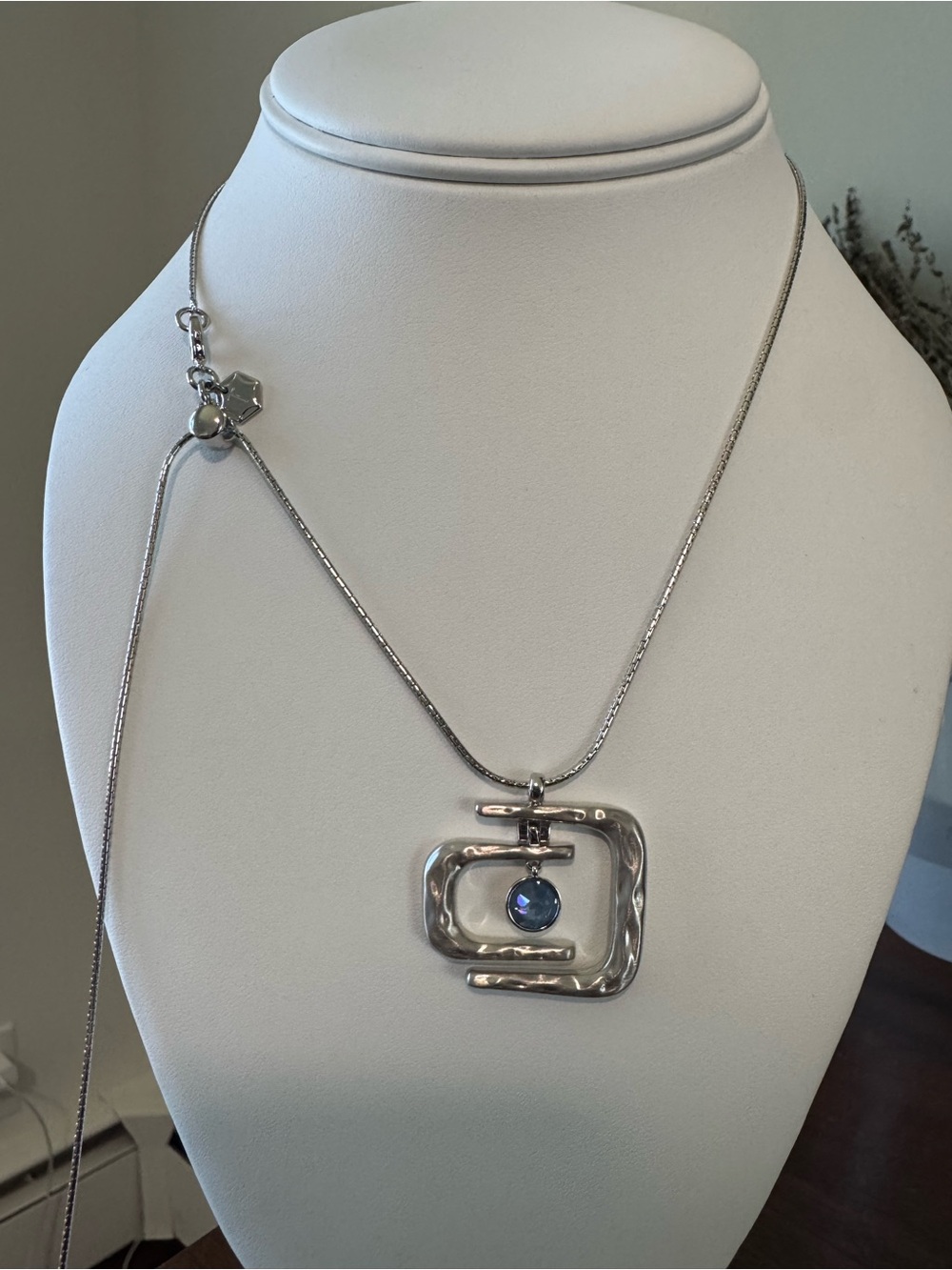 Touchstone Crystal Silver Statement Necklace Blue Crystal Pendant Adjustable